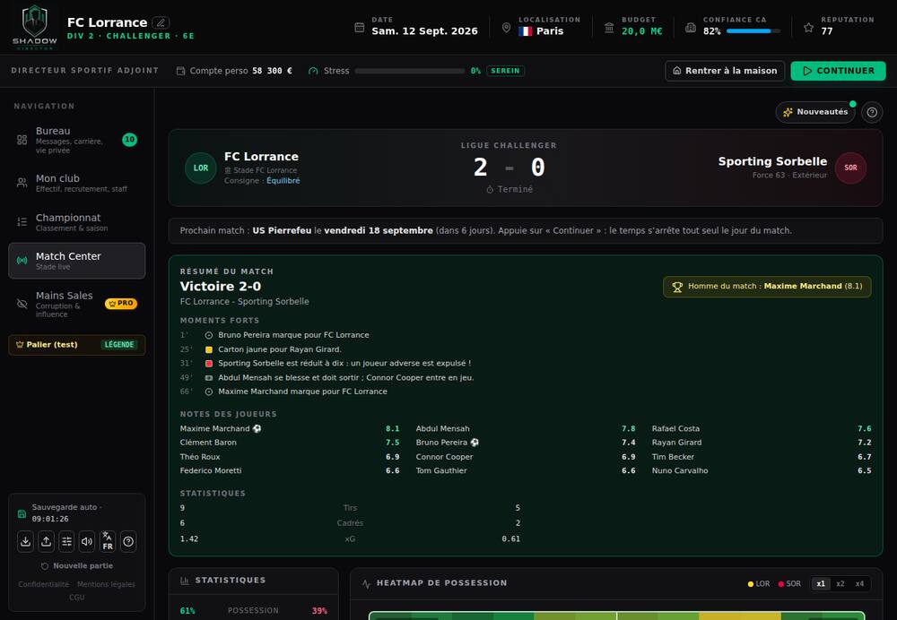 Le Match Center du jeu