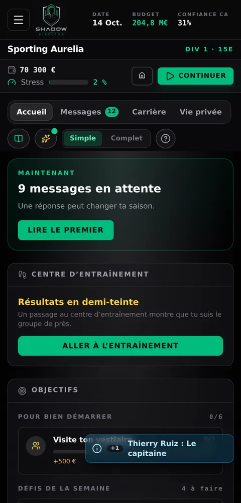 Écran principal de Shadow Director : messages en attente